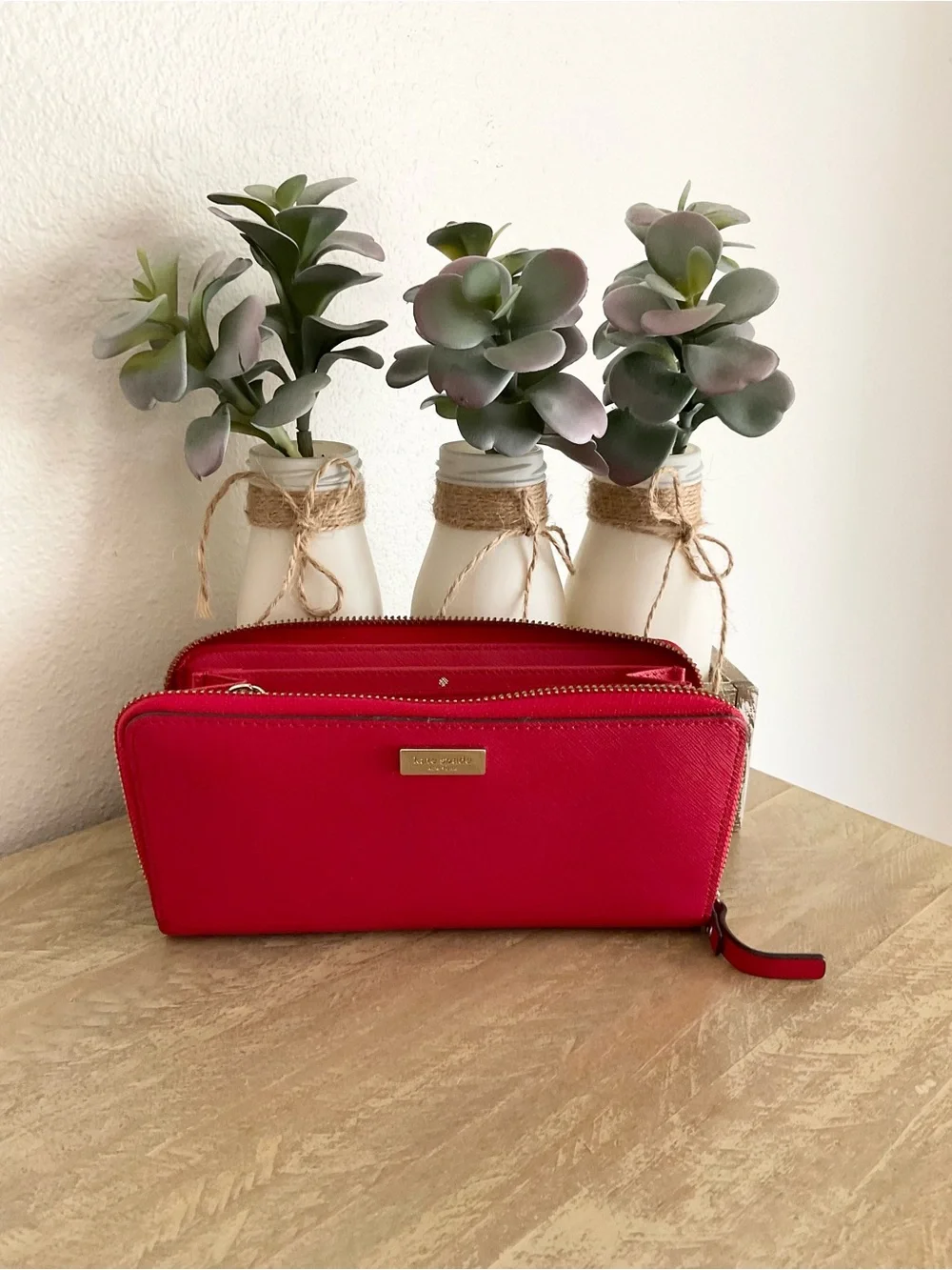 Kate Spade Bright Red Double-Zip Wallet with Gold Plate